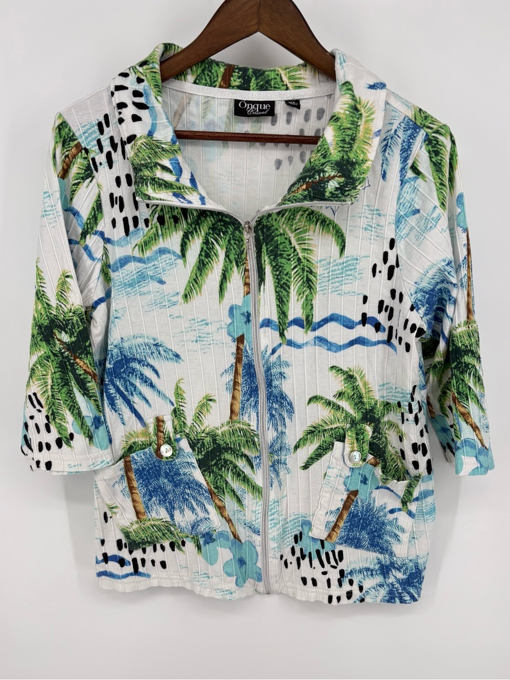 Onque Casuals Womens XL Tropical Palm Print Full Zip Ribbed Jacket Cotton